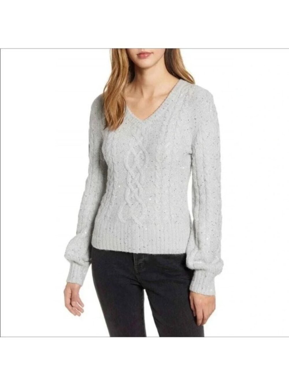 Rachel Parcell Sequin Puff Sleeve Sweater Pullover v6x